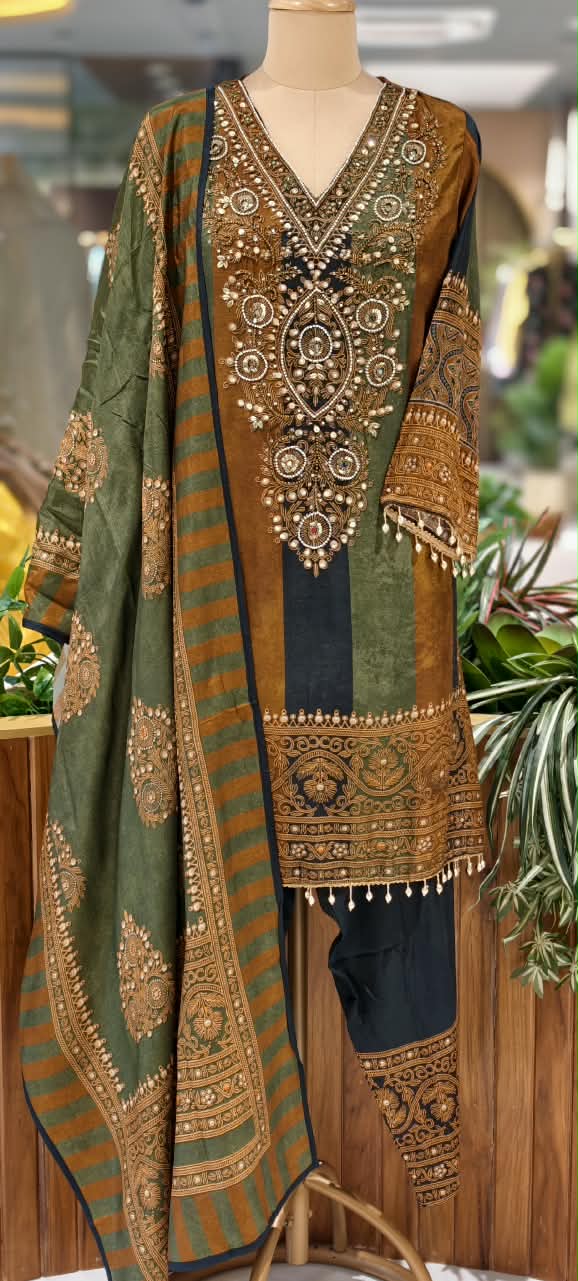 Designer Contrasted Bold Prints Heavy Latkans Elegance Russian Silk Full Suit Set With Farsi Bottom & Dupatta- 16247