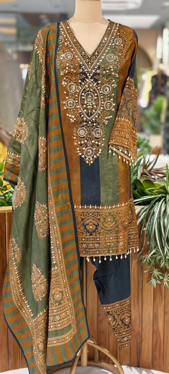 Designer Contrasted Bold Prints Heavy Latkans Elegance Russian Silk Full Suit Set With Farsi Bottom & Dupatta- 16247