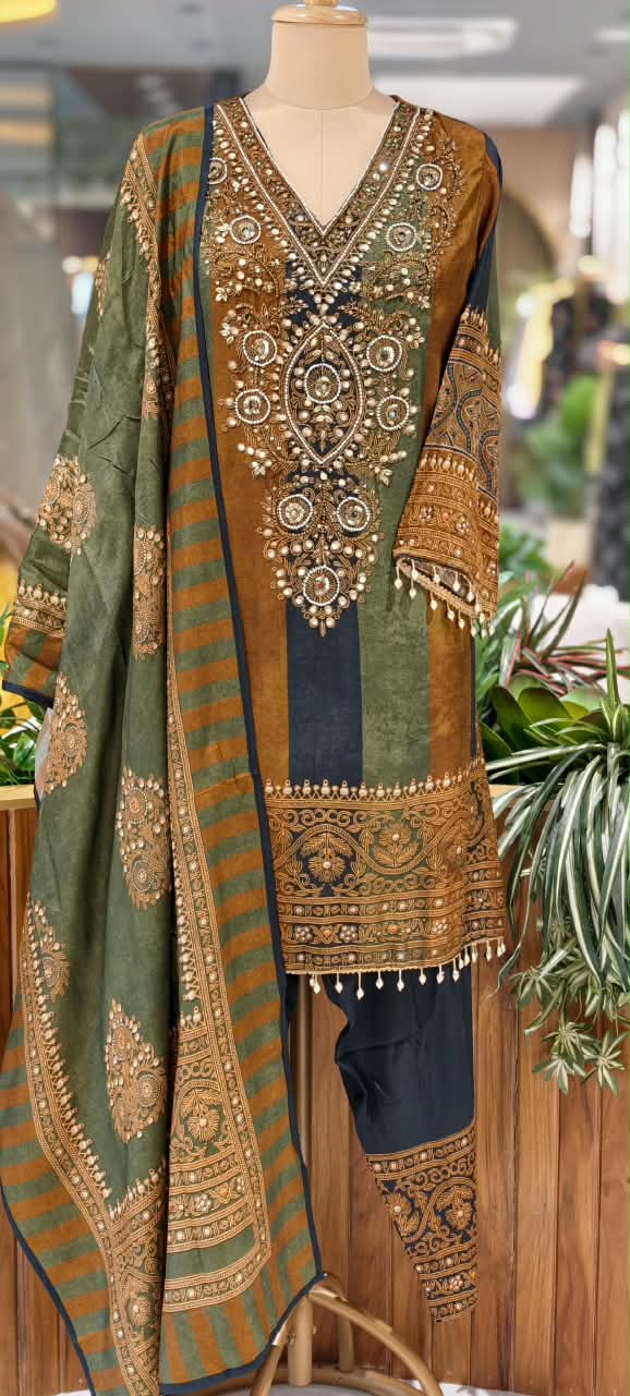 Designer Contrasted Bold Prints Heavy Latkans Elegance Russian Silk Full Suit Set With Farsi Bottom & Dupatta- 16247
