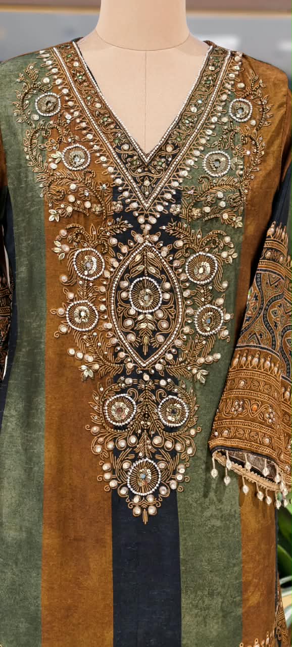 Designer Contrasted Bold Prints Heavy Latkans Elegance Russian Silk Full Suit Set With Farsi Bottom & Dupatta- 16247