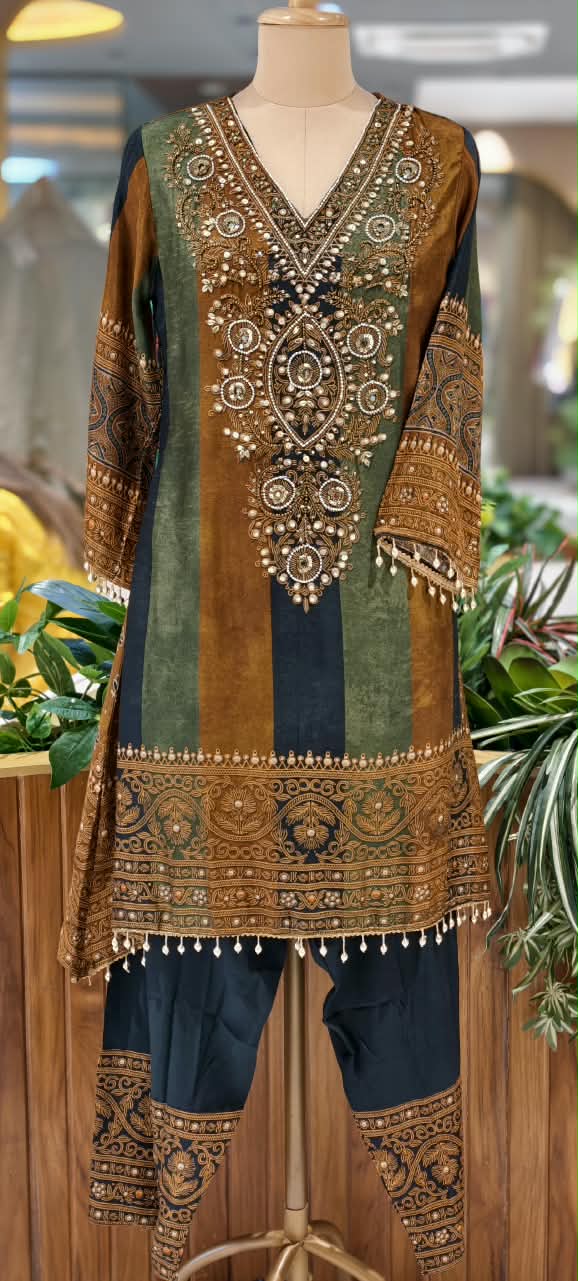 Designer Contrasted Bold Prints Heavy Latkans Elegance Russian Silk Full Suit Set With Farsi Bottom & Dupatta- 16247