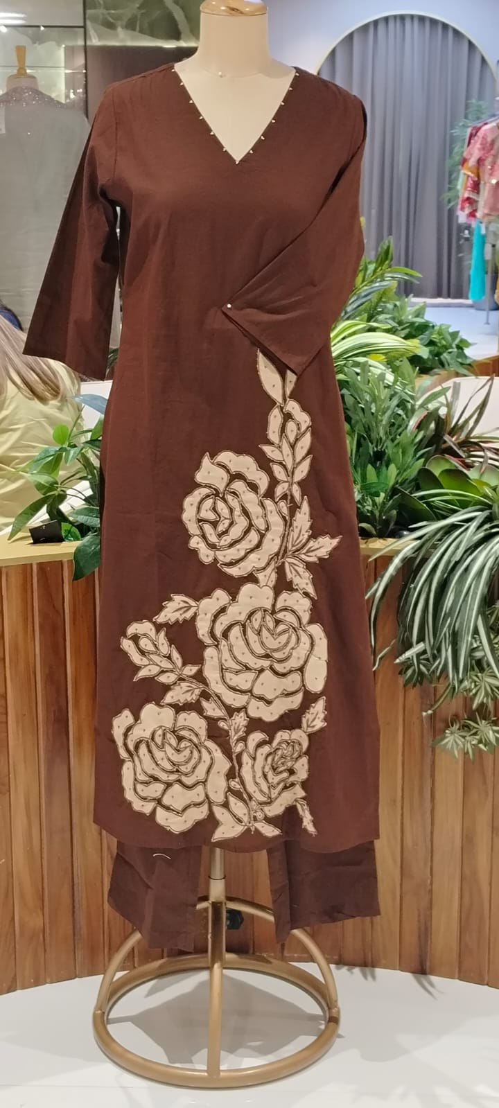 Rose Inspired Weavin Embroidery Solid Matching Cotton Straight Full Suit Set With Dupatta- 16122