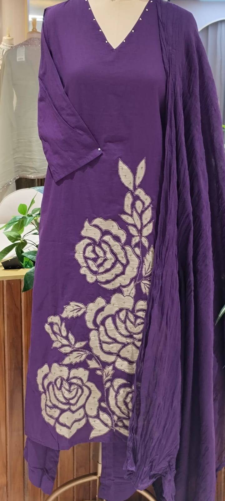 Rose Inspired Weavin Embroidery Solid Matching Cotton Straight Full Suit Set With Dupatta- 16122