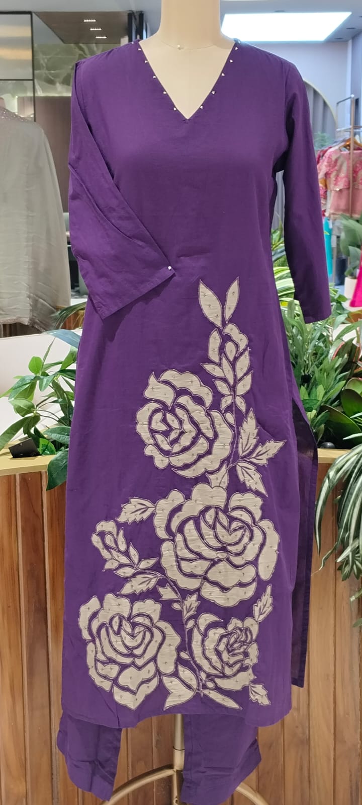 Rose Inspired Weavin Embroidery Solid Matching Cotton Straight Full Suit Set With Dupatta- 16122