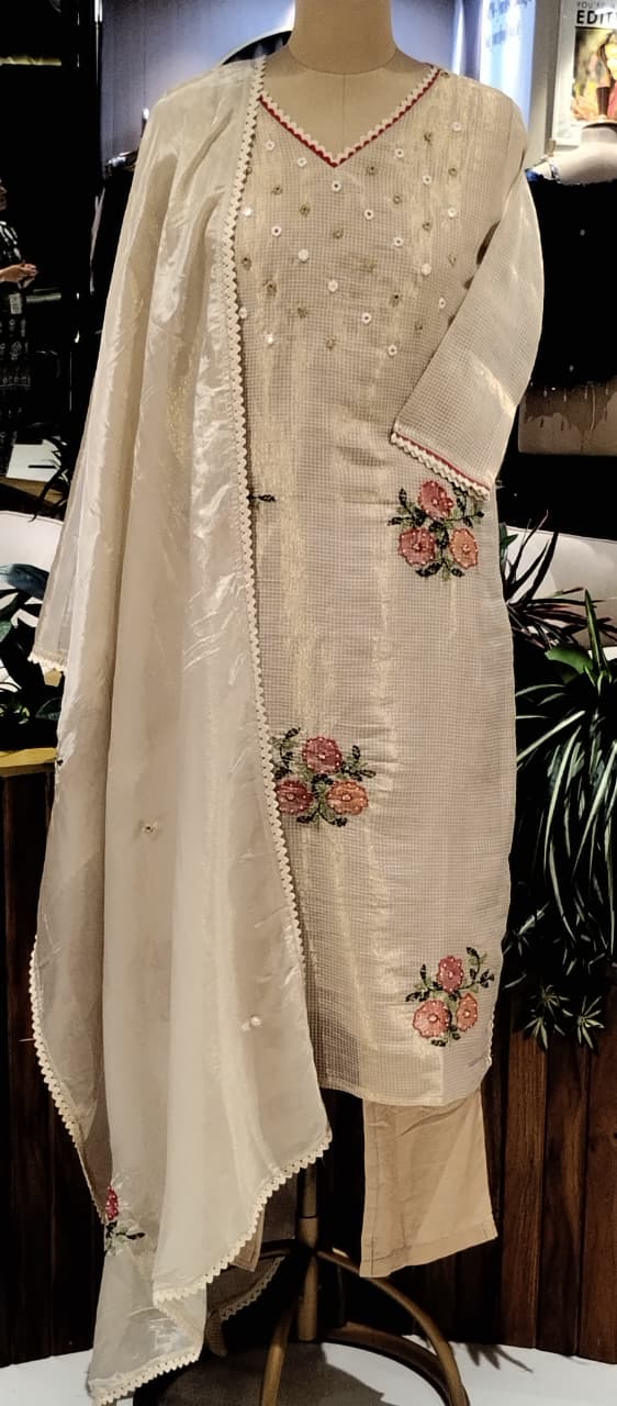 Kota Tissue Intricate Floral Embroidered Checks Shiny Full Suit Set With Dupatta- 16243