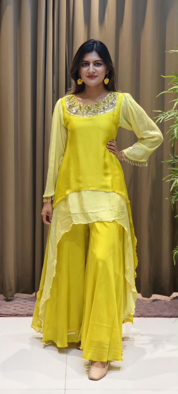 High-Low Layered Asymmetric Tunic Kurti with Heavily Embellished Foil Work Neckline and Wide-Leg Palazzo Pants Set- 16239