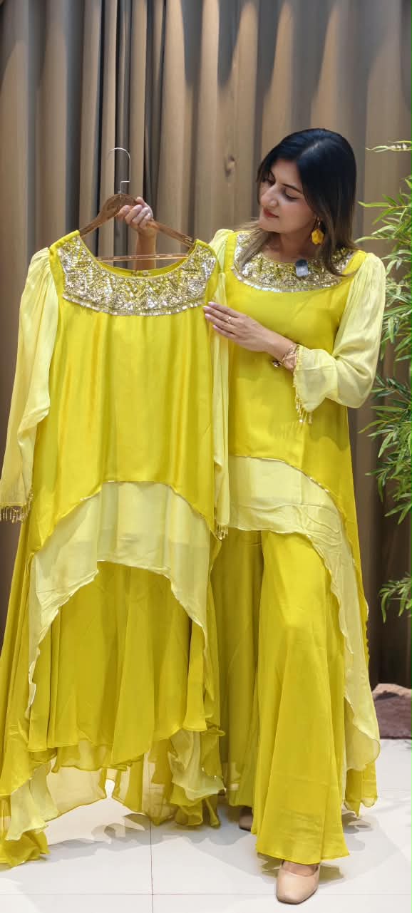 High-Low Layered Asymmetric Tunic Kurti with Heavily Embellished Foil Work Neckline and Wide-Leg Palazzo Pants Set- 16239