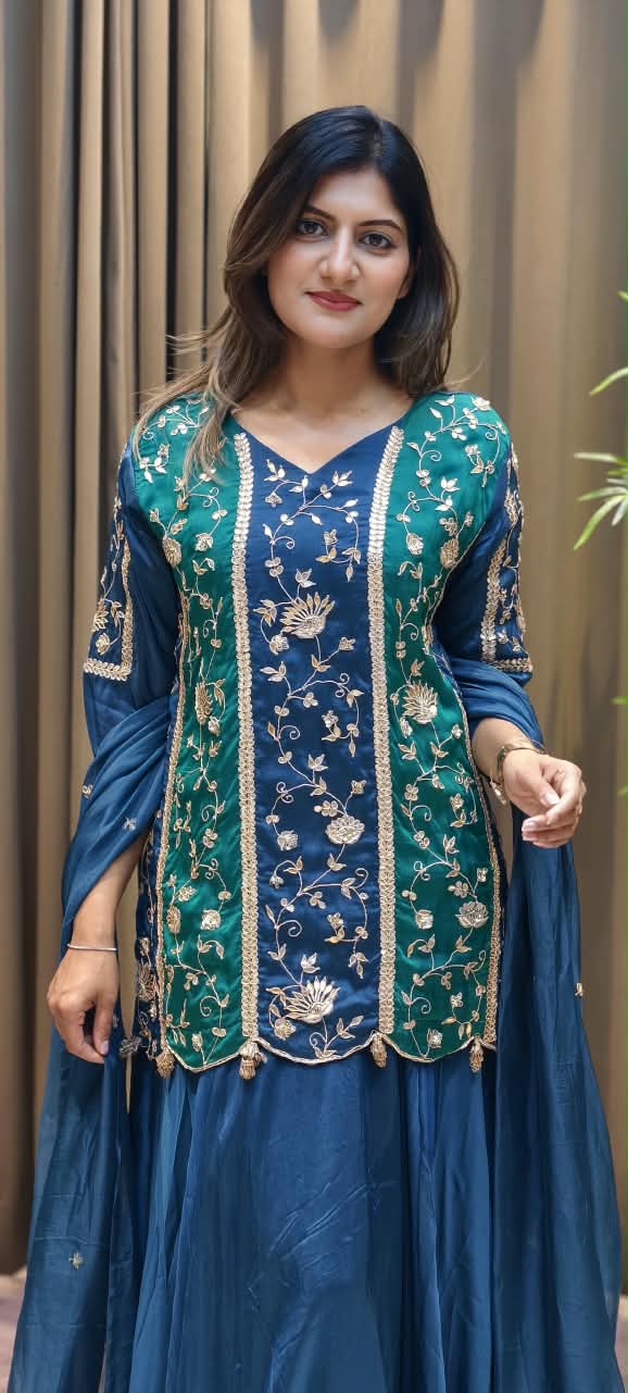 Royal Silk Embroidered Short Kurti with Flared Sharara and Matching Dupatta featuring Heavy Zardozi and Gota Patti Work- 16132