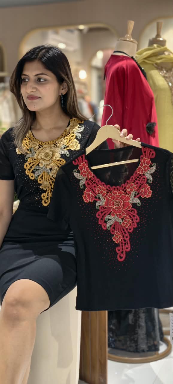 Red & Mustard Floral Appliqué Neckline Rhinestone Embellished Short Sleeve Top- 16198