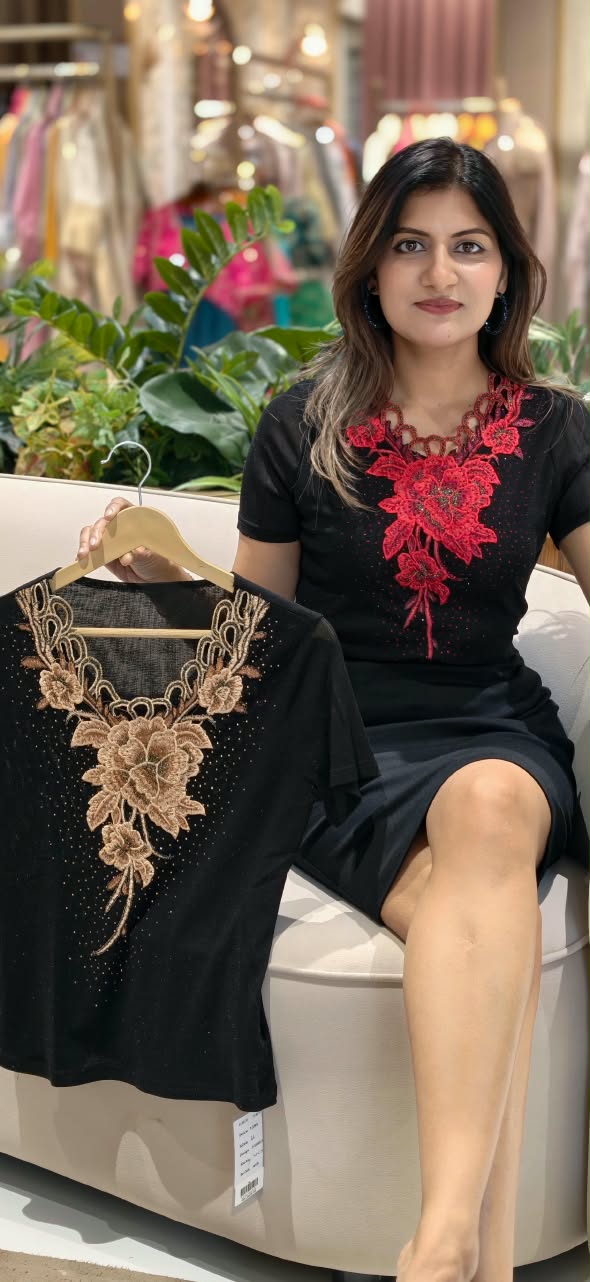 Floral Embroidered Lace Yoke Rhinestone Studded Mesh Top- 16198