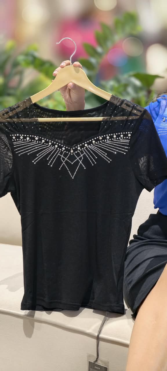 Royal Blue & Black Sweetheart Mesh Yoke Crystal Starburst Embellished Short Sleeve Top- 16166