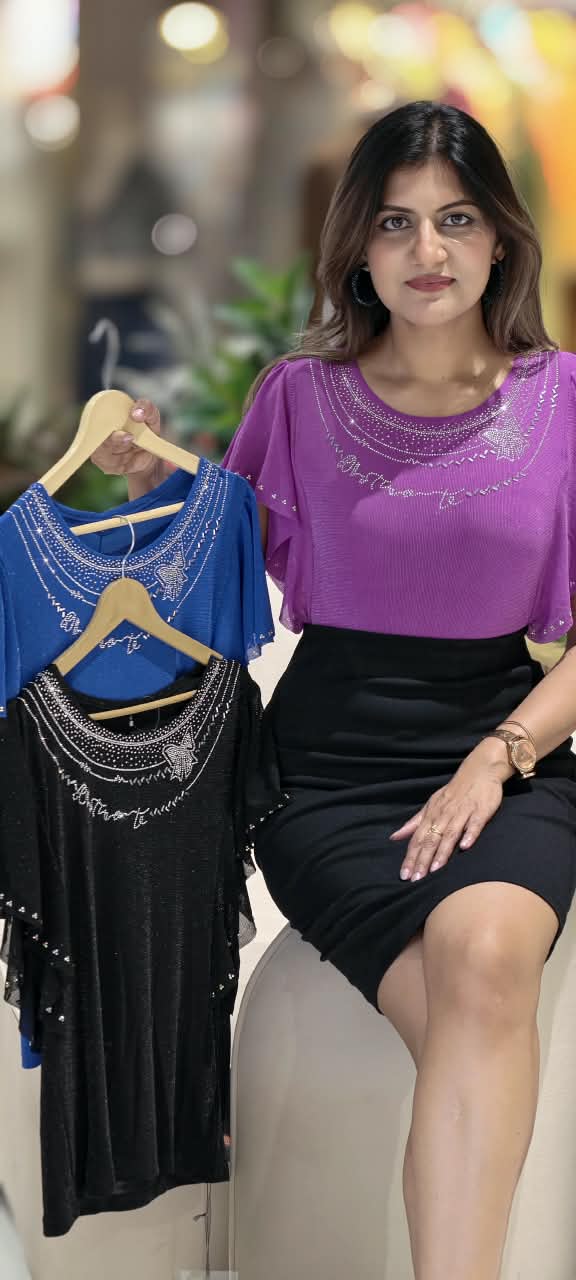Scoop Neck Butterfly Rhinestone Motif Flutter Sleeve Top- 16166