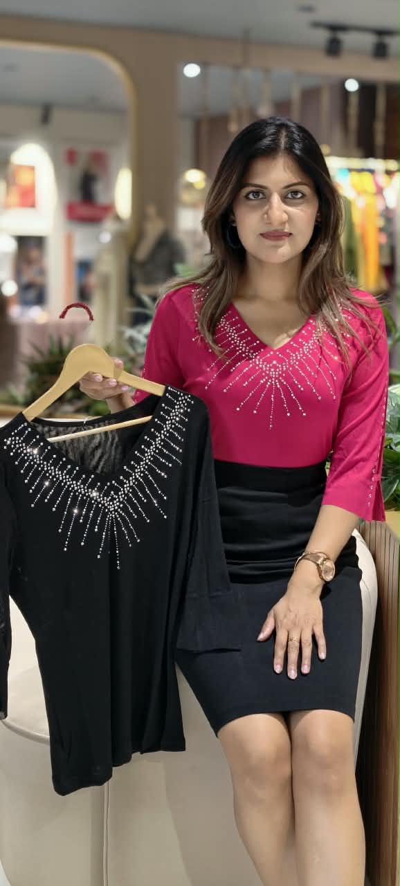V-Neck Crystal Rhinestone Burst Embellished 3/4 Sleeve Mesh Accent Top- 16173