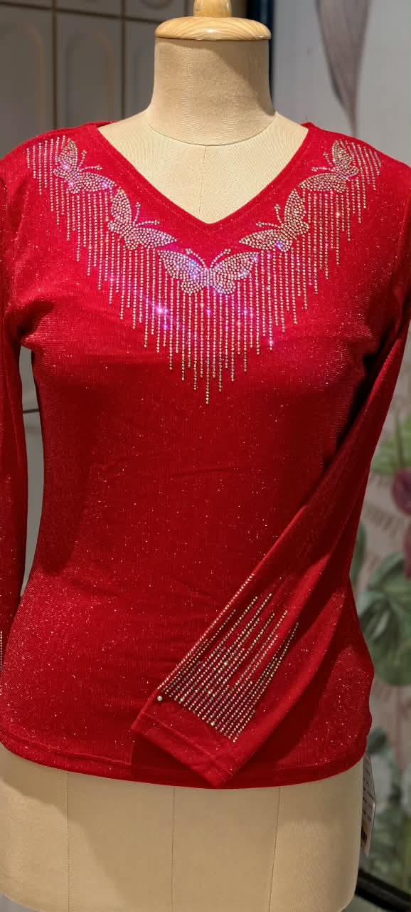 Flying Butterfly Rhinestone Fringe V-Neck Shimmer Top- 16198