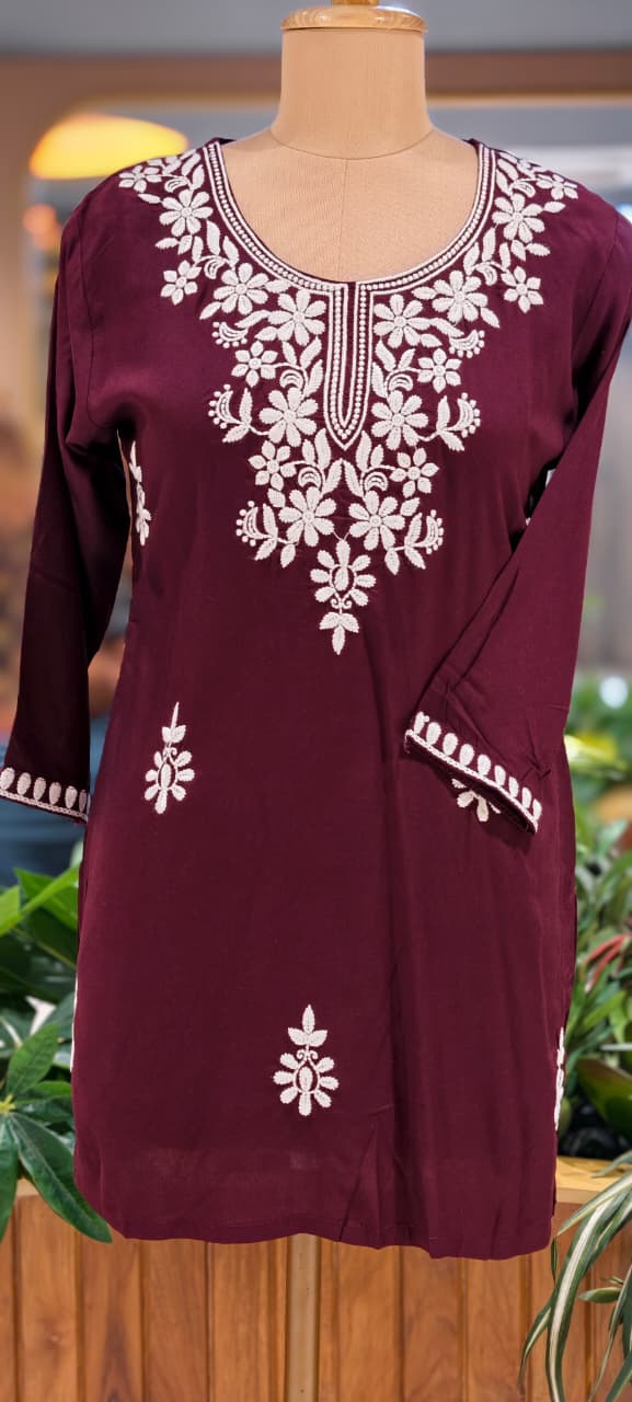 Chikankari Thread Embroidered Cotton Short Kurti Only- 15927