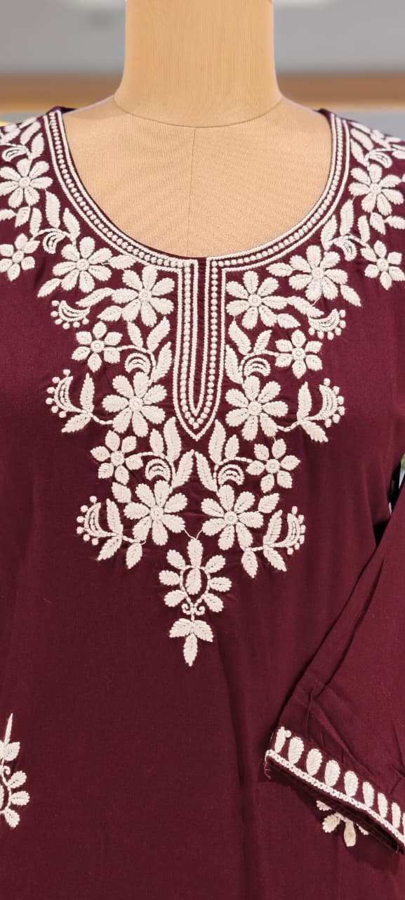 Chikankari Thread Embroidered Cotton Short Kurti Only- 15927