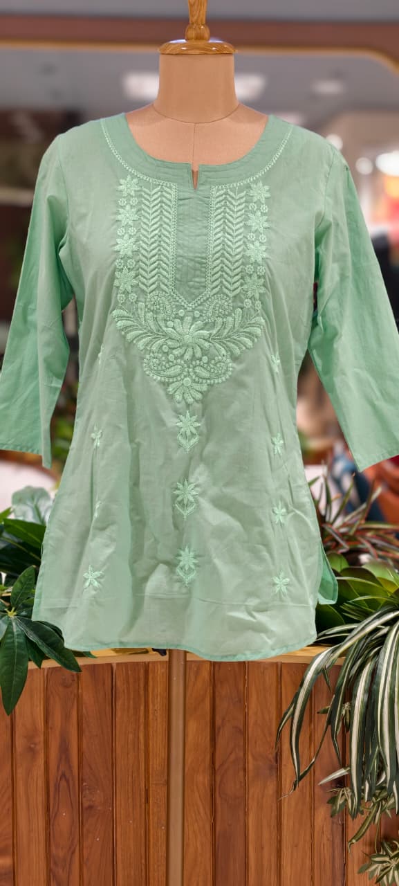 Flawless Green Chikankari Thread Embroidered Cotton Kurti Only- 15872