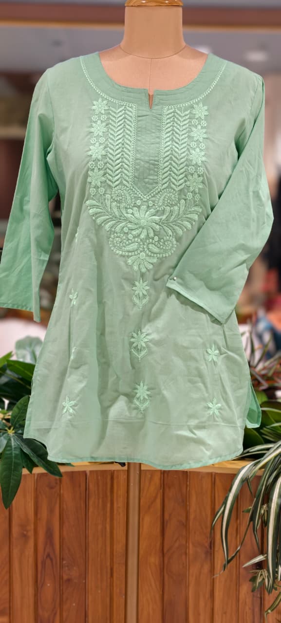 Flawless Green Chikankari Thread Embroidered Cotton Kurti Only- 15872