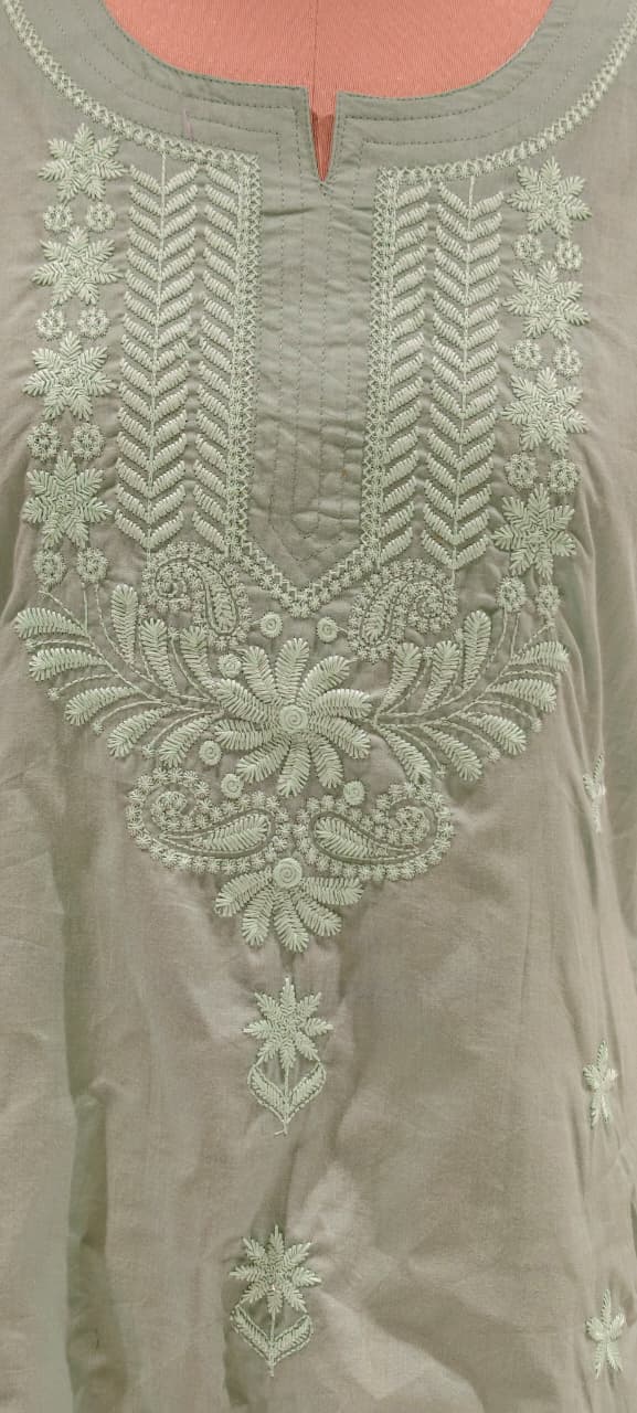Flawless Green Chikankari Thread Embroidered Cotton Kurti Only- 15872