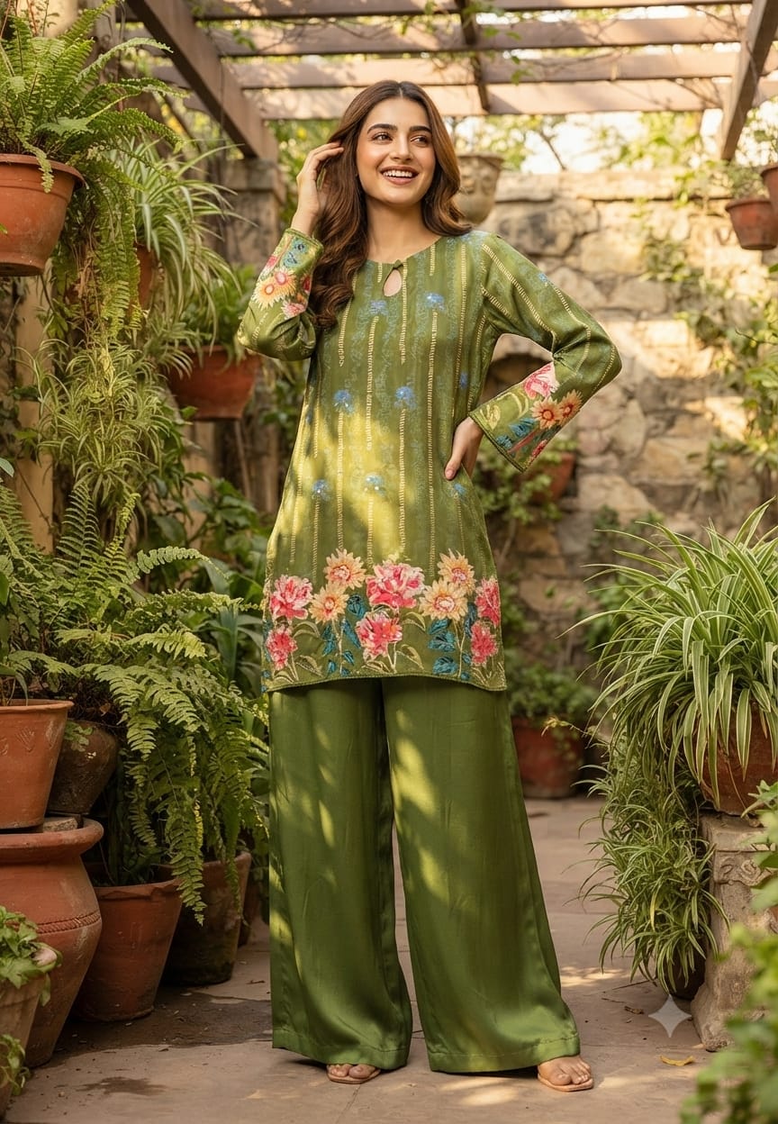 Bright Floral Embellished Kurta Set with Keyhole Neckline & Matching Wide-Leg Pants Co- 15858Ord Set-