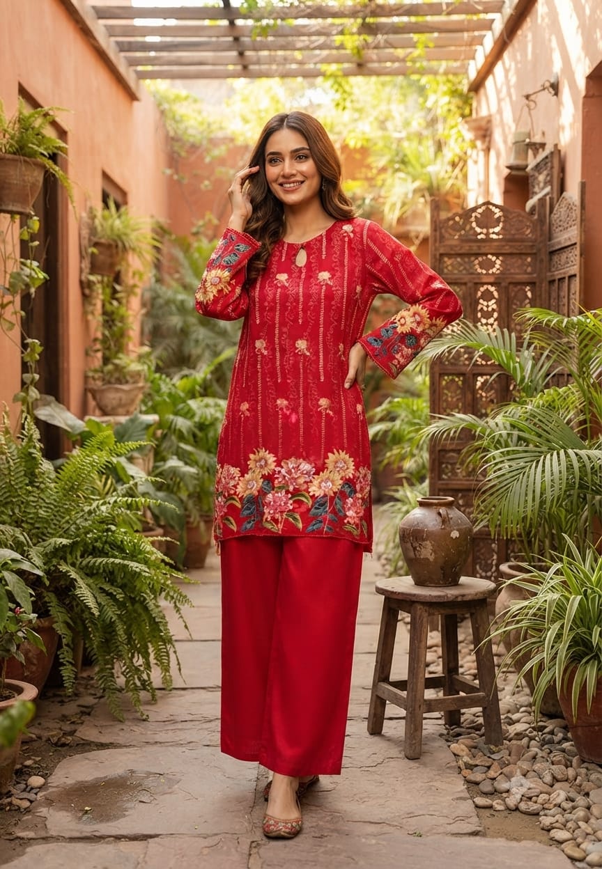 Bright Floral Embellished Kurta Set with Keyhole Neckline & Matching Wide-Leg Pants Co- 15858Ord Set-
