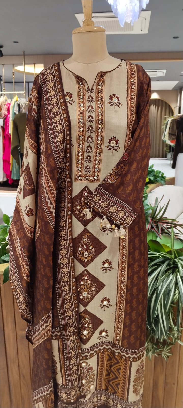 Bold Color Palette Pakistani Look Full Length Russian Silk Tassel Accent Full Suit Set With Dupatta- 16251