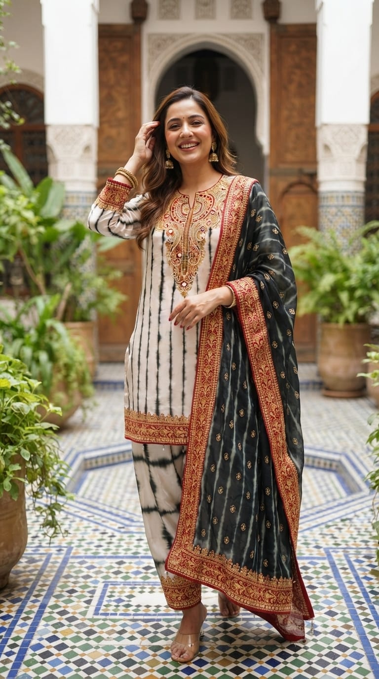 Jaipuri Inspired Pearl Real Mirror Embroidery Tassel Accent Crepe Kurta With Farsi Bottom & Dupatta- 15312