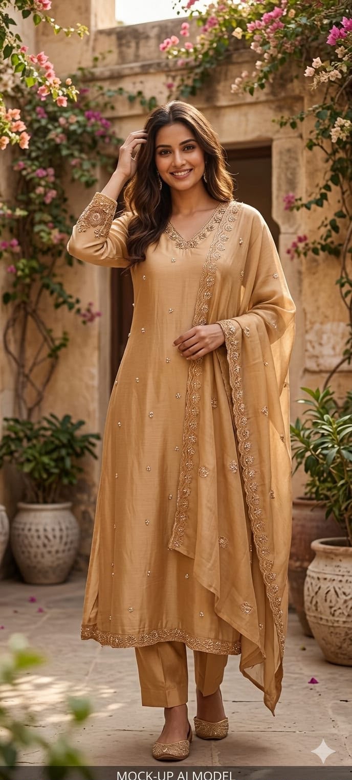 Heavy Chinon Cut-Dana Hand Embroidered Flared Anarkali Full Suit Set With Statement Dupatta- 15240