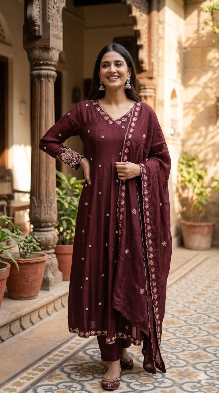 Heavy Chinon Cut-Dana Hand Embroidered Flared Anarkali Full Suit Set With Statement Dupatta- 15240