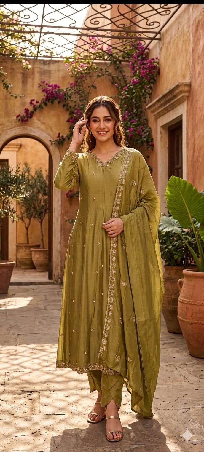 Heavy Chinon Cut-Dana Hand Embroidered Flared Anarkali Full Suit Set With Statement Dupatta- 15240