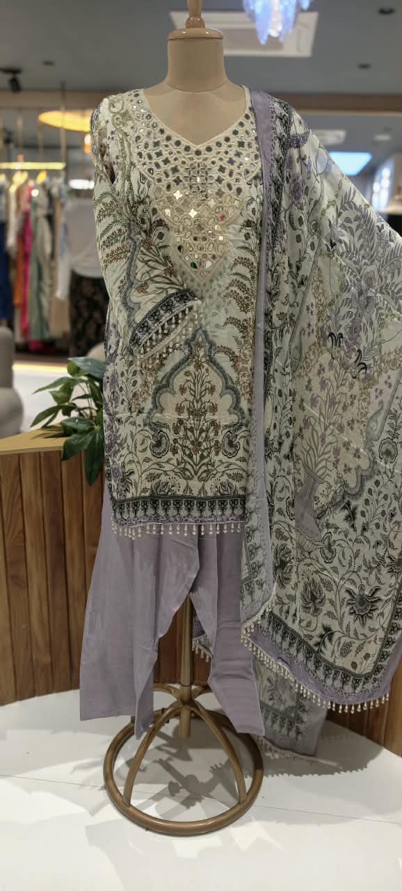Real Mirror Elegance Flowy Crepe Digital Floral Prints Farshi Salwar Full Suit Set With Chiffon Dupatta- 16285
