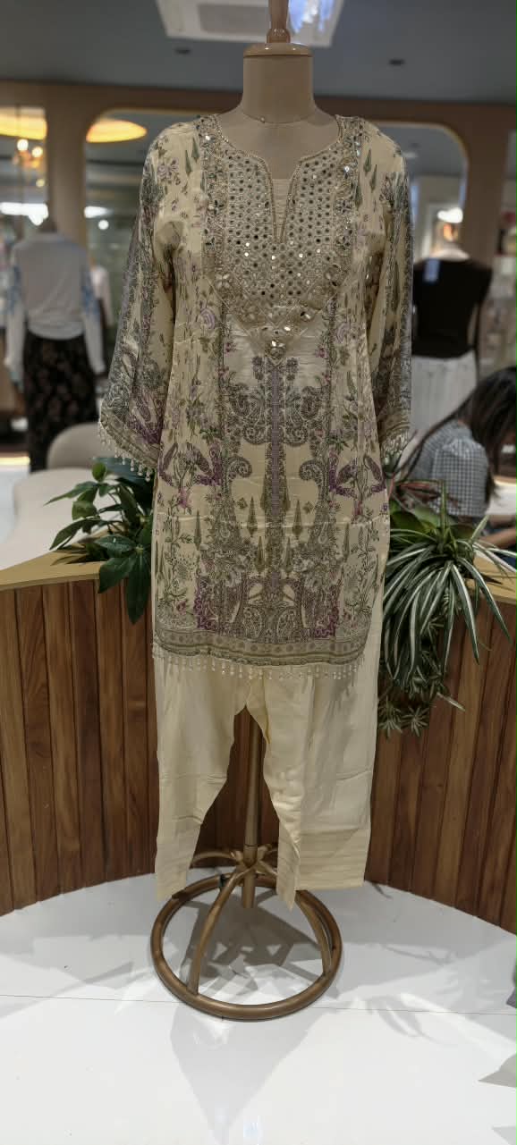 Creamish Pastel Tone Real Mirroe Elegance Printed Farshi Salwar Crepe Full Suit Set With Dupatta- 16284