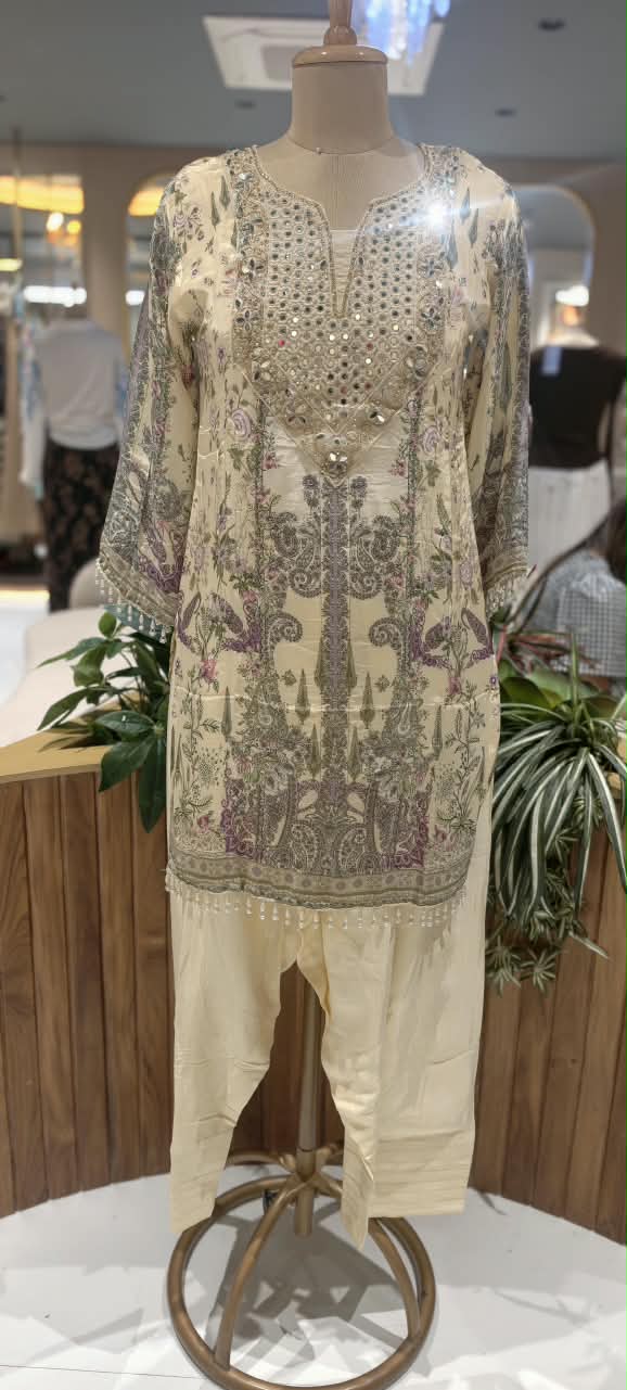 Creamish Pastel Tone Real Mirroe Elegance Printed Farshi Salwar Crepe Full Suit Set With Dupatta- 16284