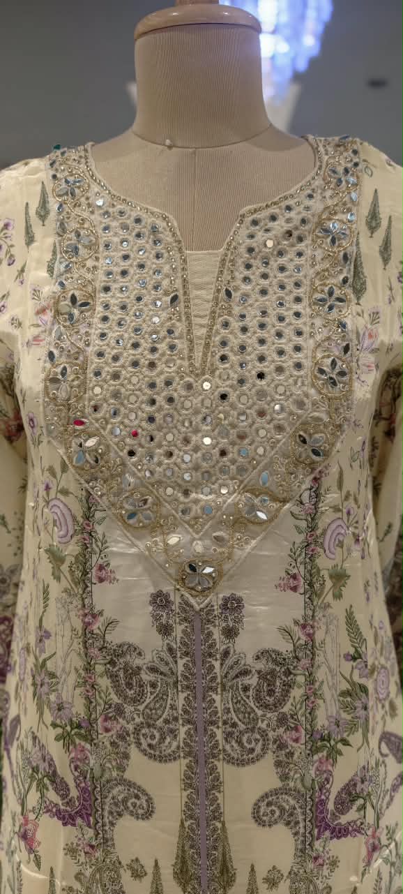 Creamish Pastel Tone Real Mirroe Elegance Printed Farshi Salwar Crepe Full Suit Set With Dupatta- 16284