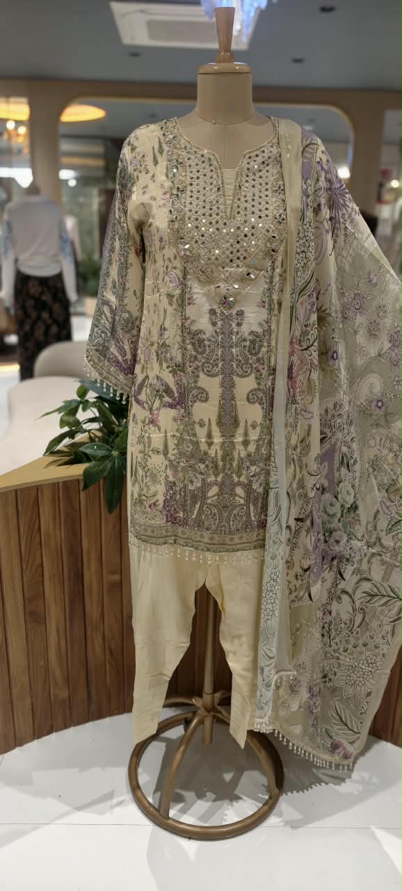 Creamish Pastel Tone Real Mirroe Elegance Printed Farshi Salwar Crepe Full Suit Set With Dupatta- 16284
