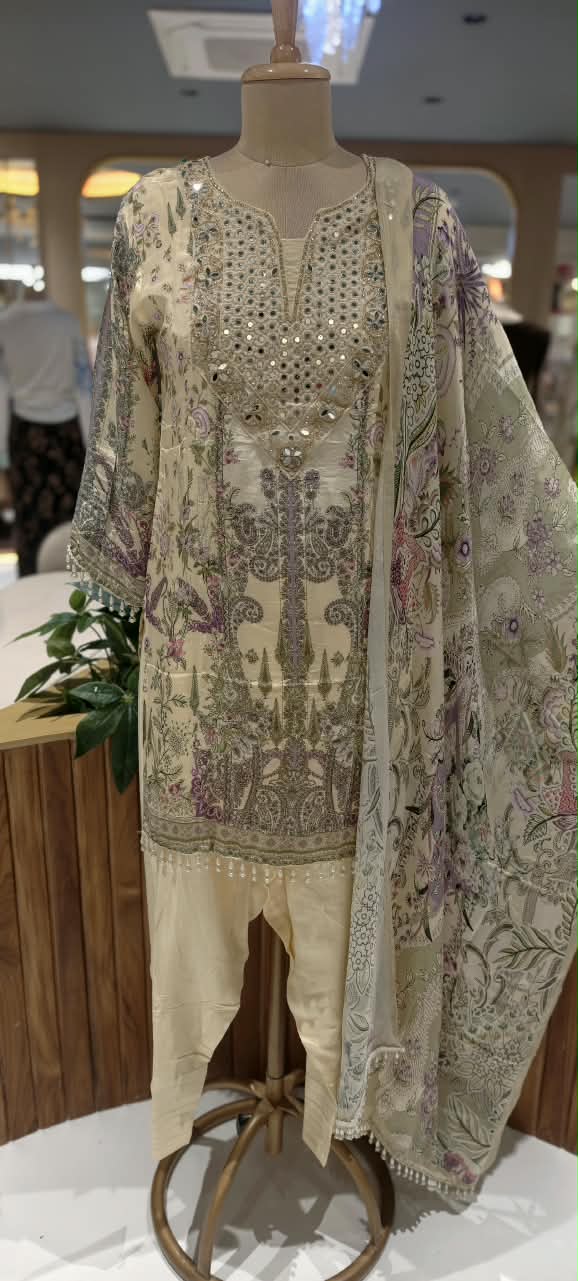Creamish Pastel Tone Real Mirroe Elegance Printed Farshi Salwar Crepe Full Suit Set With Dupatta- 16284