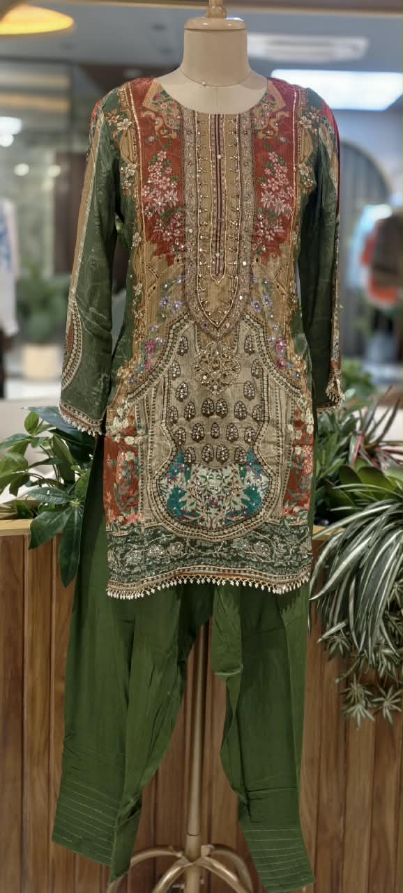 Forest Inspired Chevron Digital Prints Tassel Accent Crepe Full Suit Set With Farshi Salwar & Dupatta- 16286