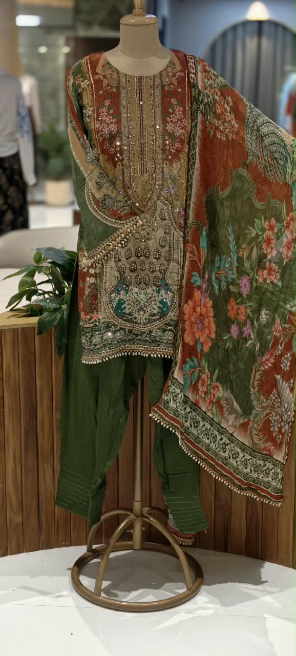 Forest Inspired Chevron Digital Prints Tassel Accent Crepe Full Suit Set With Farshi Salwar & Dupatta- 16286