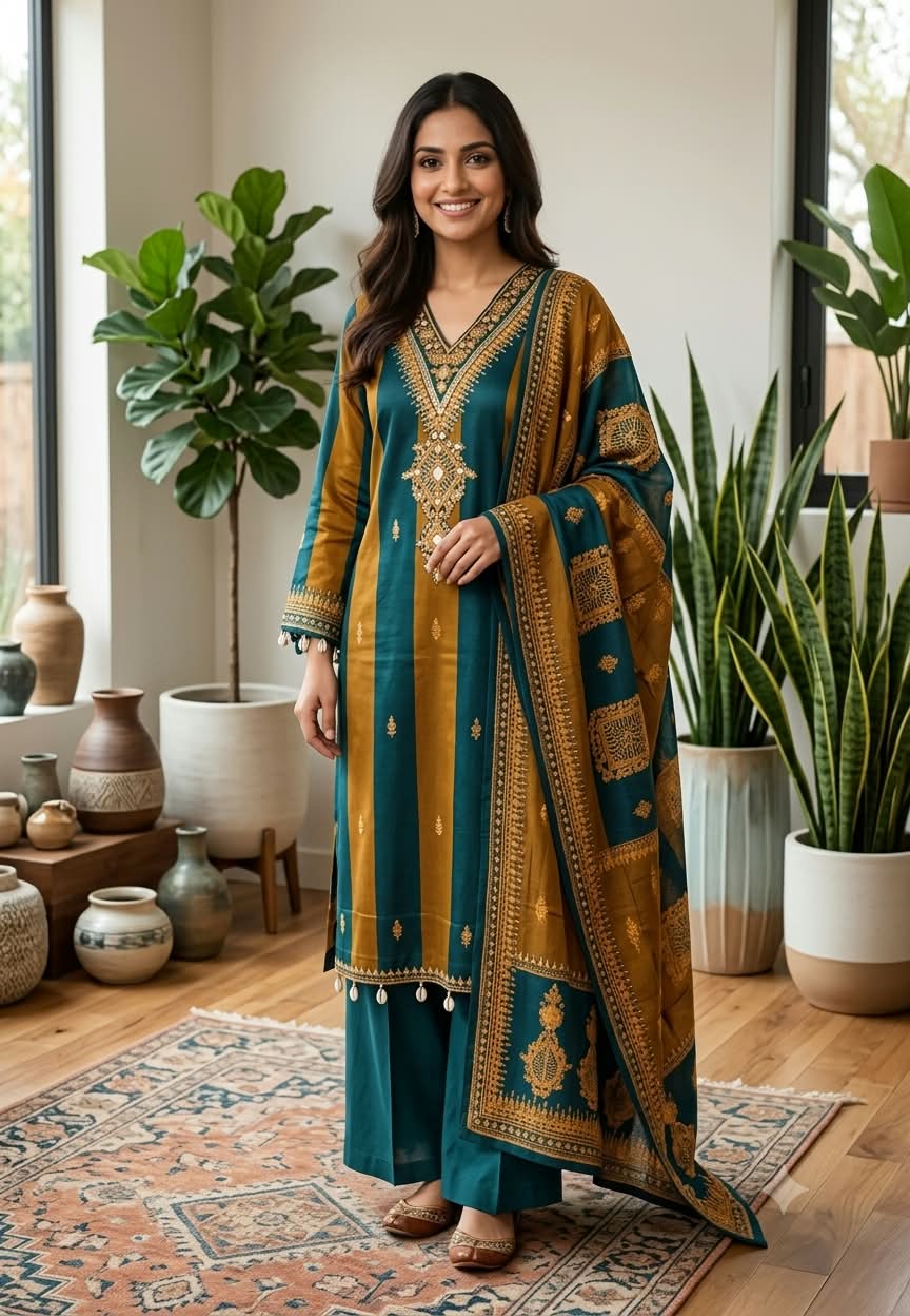 Pakistani Style Striped Elegance Dual Color Combination Crepe Full Suit Set With Dupatta- 16272