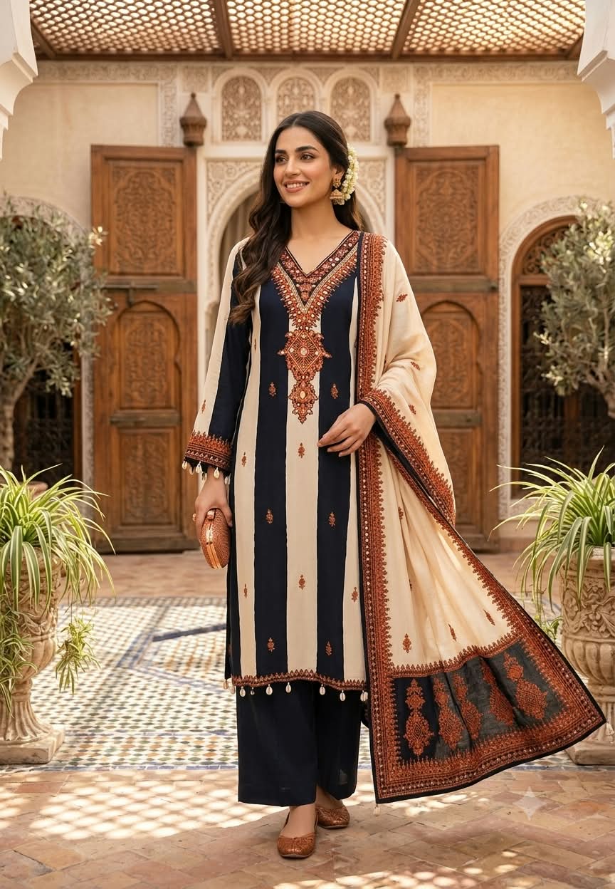 Pakistani Style Striped Elegance Dual Color Combination Crepe Full Suit Set With Dupatta- 16272