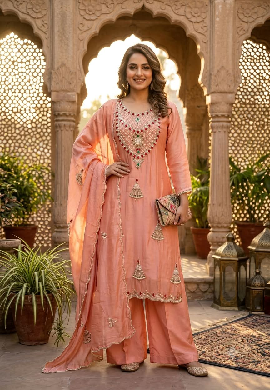 Red Gym Stone Jewel Elegance Elegant Handwork Tissue Full Suit Set With Loose Bottom & Dupatta- 16269
