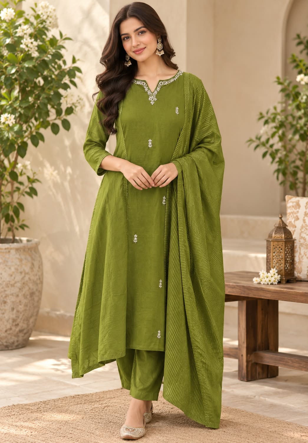 Intricate Beaded Embroidery Striped Side Panels A-Line Mul-Chanderi Full Suit Set With Dupatta- 16265