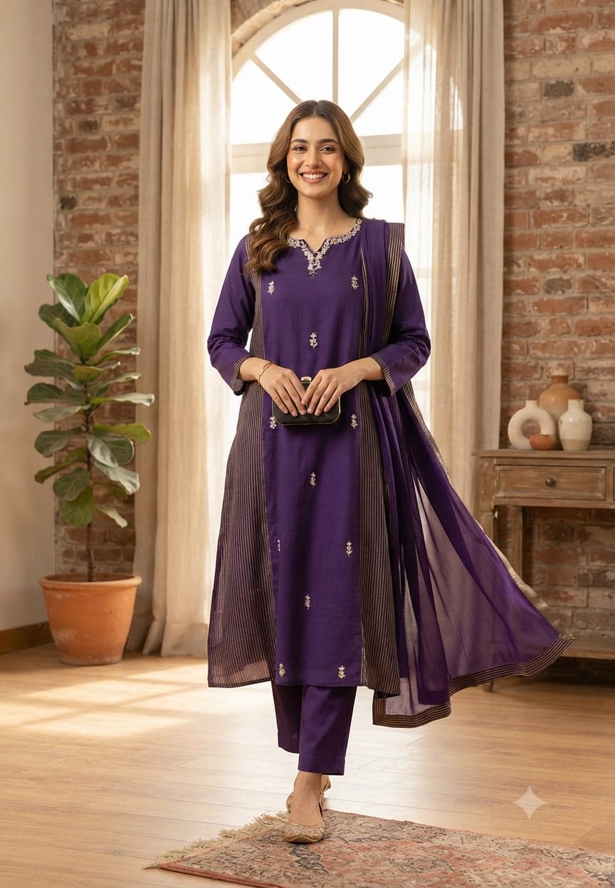 Intricate Beaded Embroidery Striped Side Panels A-Line Mul-Chanderi Full Suit Set With Dupatta- 16265