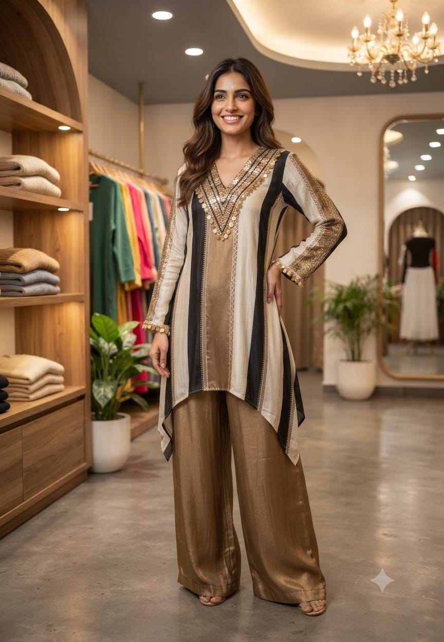 Stunning Sequin With Foil Elegance Striped Stylish Crepe High-Low Co-Ord Set- 16273