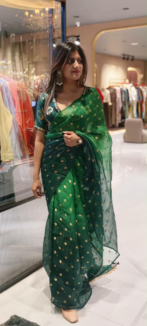 Pure Fabric Elegant Golden Brocade Touch Premium Designer Saree With Ready to Wear Embroidered Blouse- 16264