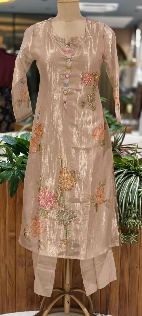 Multicolor Floral Prints With Delicate Outlined Embroidery Kanchipuram Tissue Full Suit Set With Dupatta- 16299