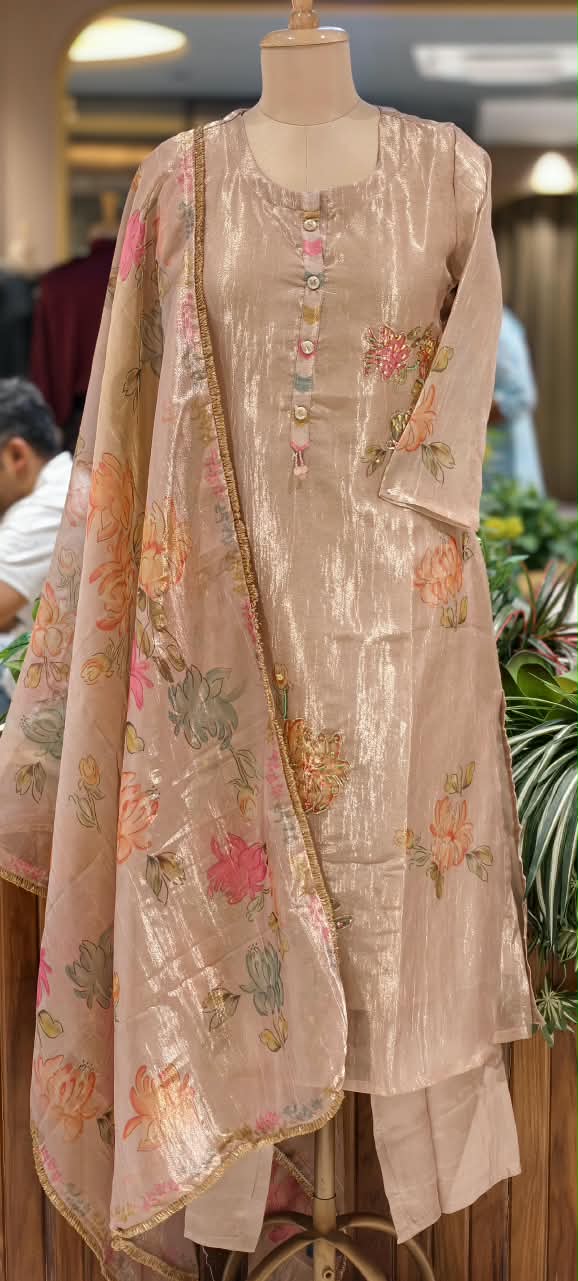 Multicolor Floral Prints With Delicate Outlined Embroidery Kanchipuram Tissue Full Suit Set With Dupatta- 16299