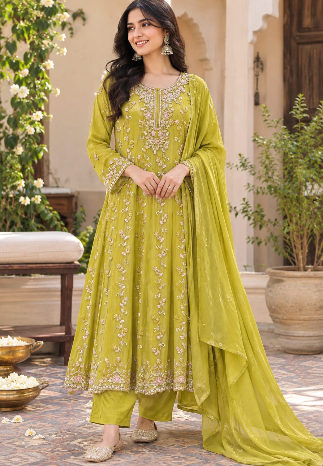 Fully Cut-Dana Hand Embroidered Heavy Panel Anarkali Full Suit Set With Dupatta In Chinon Fabric- 16324