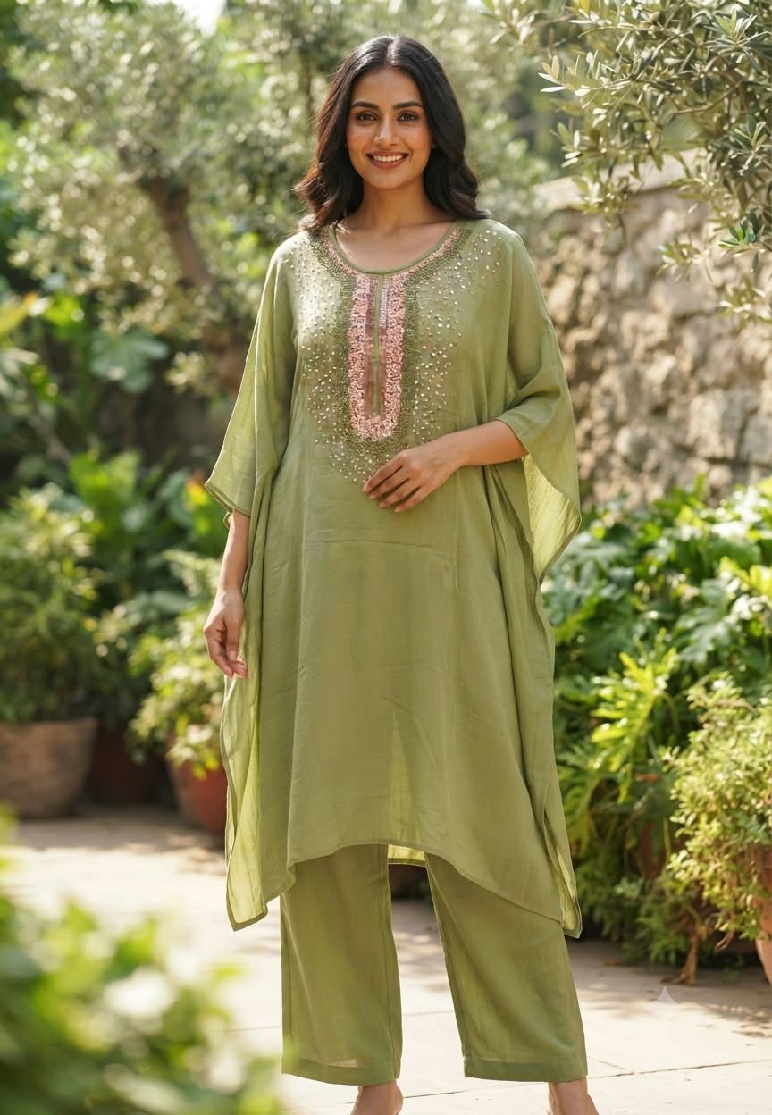 Elegant Cut-Dana Sequin Celestial Embroidery Yoke Soft Chiffon Kaftan With Inner & Bottom In Ombre Shade- 16334