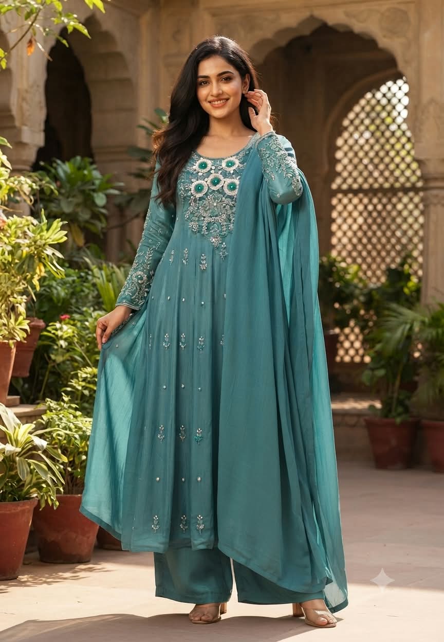 Sequin Elegance Premium Embroidered Yoke Chinon Anarkali Full Suit Set With Dupatta- 16314